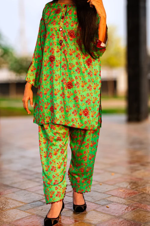 Parrot Green Embroidered 2 Piece